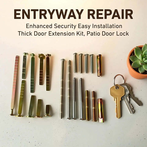 Beefy Thick Door Lock Extension Kit for Deep Doors with screws, keys, and adjustable tailpiece, fits SC1 SC4 KW1 keyways, on table.