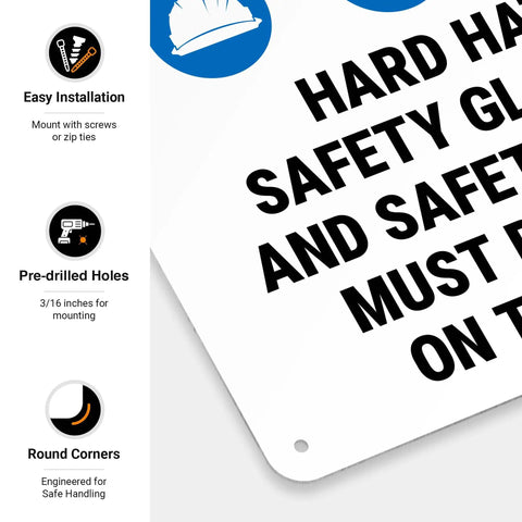 Construction Zone Danger Sign Requiring Hard Hats, Safety Glasses, And Safety Shoes For Job Sites, 10x14 Inches, 55 Mil Thick HDPS Material