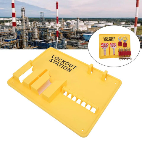 Lockout Tagout Station For Industrial Safety Deformation Proof Fifteen Point Two By Eleven Point Four Inches Tough As Nails PC Build Bright Safety Yellow Visibility Rugged Wall Mount Organizer For OSHA Compliance, yellow wall-mount lockout station with tags and padlocks