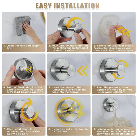 Step-by-step guide to installing suction cup hooks for shower and bathroom no drill installation, showing placement on smooth surfaces.