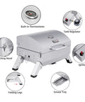 Stainless Steel Portable Tabletop Gas Grill With 10000 BTU Power, 285 Square Inches Of Cooking Space, Folding Legs, Lockable Lid, Ideal For Camping, Tailgating, Deck Or Patio, Silver with labeled features