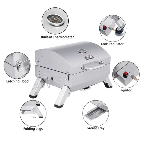 Stainless Steel Portable Tabletop Gas Grill With 10000 BTU Power, 285 Square Inches Of Cooking Space, Folding Legs, Lockable Lid, Ideal For Camping, Tailgating, Deck Or Patio, Silver with labeled features