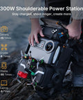 Lancer 300 Modular Waterproof Outdoor Camera Backpack with Portable 300Wh Power Station on rocky ground