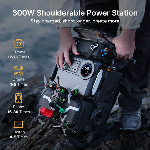 Lancer 300 Modular Waterproof Outdoor Camera Backpack with Portable 300Wh Power Station on rocky ground