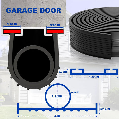Cross-section view of DGSL black garage door bottom weather seal strip; 5/16 in T-end, 16 ft roll.