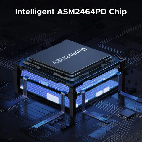 Slick Beast Mode M2 Nvme Enclosure For External Solid State Drives Compatible With Thunderbolt 4 And Usb4 showing ASM2464PD chip with blue lighting.
