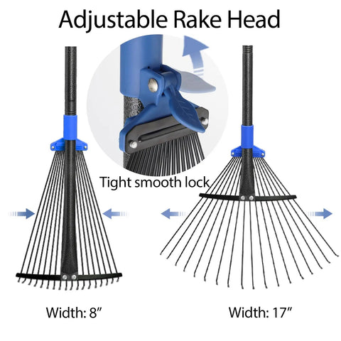Heavy Duty Adjustable Metal Leaf Rake With Long Handle And Expandable Head From 8 To 17 Inches showing different head widths.