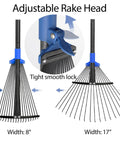 Adjustable Leaf Rake with expandable head showing 8 to 17 inch width adjustment and smooth lock mechanism.