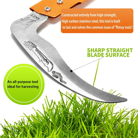 Adjustable Long Handled Weeding Sickle With High Carbon Steel Blade, showing sharp blade surface for harvesting
