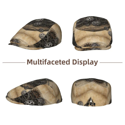 Cool Custom Fit All Over Print Newsboy Cap With Adjustable Twill Buckle And Soft Sweatband For Ultimate Sun Shield Style That Keeps You Dry In Any Weather displayed from multiple angles showing gear patterns.