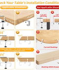 Installation guide for under desk cable management tray with clamp, showing applicable and non-applicable desk conditions.
