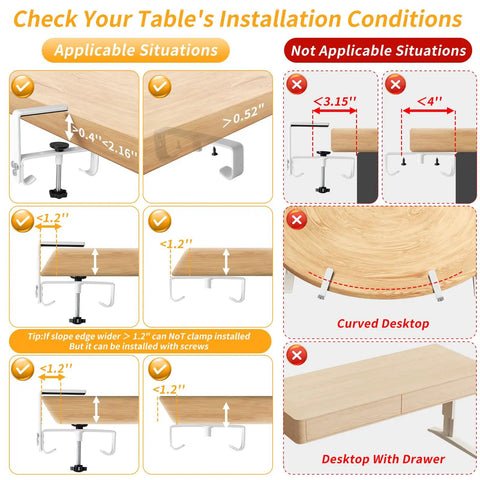 Installation guide for under desk cable management tray with clamp, showing applicable and non-applicable desk conditions.