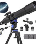 High Powered 90mm Refractor Telescope With 800mm Focal Length On Simple AZ Mount For Adults And Beginners, accessories shown