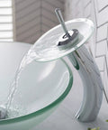 Tall Waterfall Vessel Sink Faucet With Frosted Glass Disk And Pop Up Drain Chrome Finish Next Level Centerpiece For Modern Bathrooms
