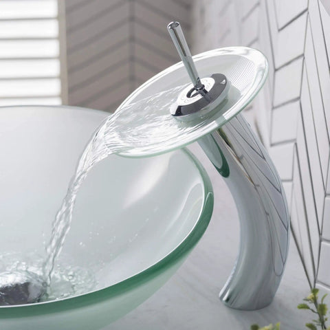 Tall Waterfall Vessel Sink Faucet With Frosted Glass Disk And Pop Up Drain Chrome Finish Next Level Centerpiece For Modern Bathrooms