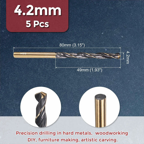 Kozelo 4.2 mm drill bit, 5-piece set, M2 high-speed steel twist drill, gold/black coating