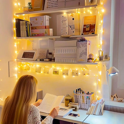 Bright 100 LED String Lights Indoor Outdoor 33 Ft With 8 Modes Warm White Plug In Connectable Fairy Twinkle Lights illuminating room