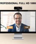 Plug And Go 1080P Webcam With Built In Mic And HD Light Correction comparing 1080P and 720P video quality on a computer.