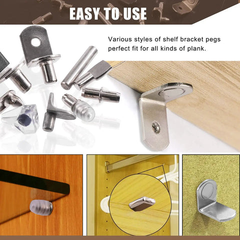 Various shelf bracket pegs and supports from 237 Piece Shelf Pins Kit With Nickel Plated Metal Pins Black Rubber Sleeves And 9 Styles Of Bracket Pegs For Cabinets And Bookshelves Fits Shelf Holes Hardware Set For Furniture Repair And Grab And Go DIY Upgrades.