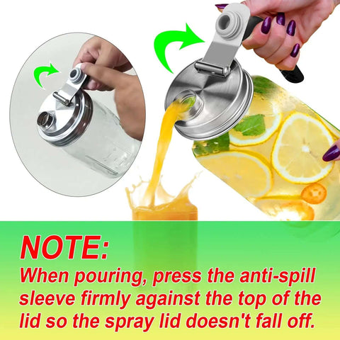 Stainless Steel Pour Spout Lid With Handle For Wide Mouth Jars in use, showing spillproof flip cap pouring orange juice