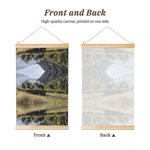 Front and back view of Locomotive Train Canvas Print With Wooden Frame Wall Art For Living Room And Bedroom Decor Scroll Poster Wall Hanging Banner Dope Vintage Style Scroll Painting Ready To Hang.