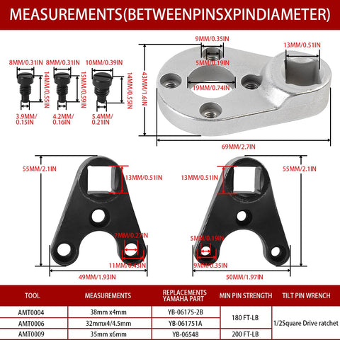 Outboard Trim And Tilt Pin Wrench Tools Set MT0004 MT0006 MT0009 For Yamaha Suzuki Honda Johnson Evinrude Seastar Hydraulic End Caps And Most Outboard Models Durable 42CrMo Steel Construction Pro Grade