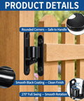 Heavy Duty Gate Hinges 2 Pack 304 Stainless Steel With Painted Coating Rock Solid Rust Resistant Outdoor Hardware Tough As Nails close-up of black-coated hinge on wooden gate with rounded corners