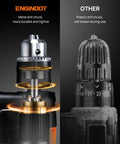 Comparison of metal and plastic drill chucks, highlighting the Beast 1/2 Inch 6 Amp Corded Hammer Drill Kit With Variable Speed.