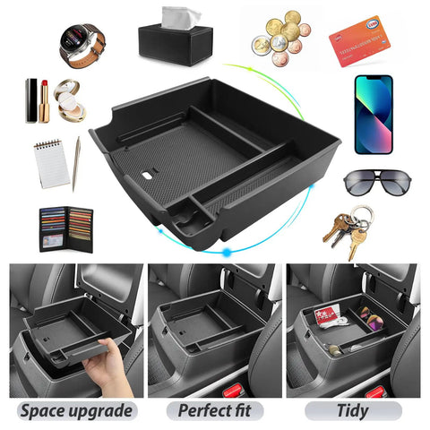Kia Carnival 2025 2026 Center Console Organizer Tray With Coin Holder And Armrest Storage Box shown with various accessories