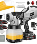 Cordless Paint Sprayer With Dual 2000 MAH Batteries And Heavy Duty 1200W Motor, showing yellow paint pouring into spray gun.