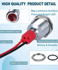 Red LED Indicator Lights Kit 12V-24V, 5 Pack, Waterproof 12mm Mounting Hole, Wide Flat Head Pilot Dash Lamps, 20mA Low Power, 150mm Wire, Energy Saving Signal Lights For Cars, Trucks, Boats. Close-up of red panel-mount light with brass shell and wires.