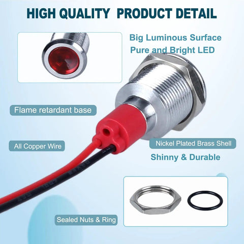 Red LED Indicator Lights Kit 12V-24V, 5 Pack, Waterproof 12mm Mounting Hole, Wide Flat Head Pilot Dash Lamps, 20mA Low Power, 150mm Wire, Energy Saving Signal Lights For Cars, Trucks, Boats. Close-up of red panel-mount light with brass shell and wires.