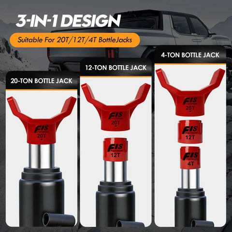 3-in-1 Heavy Duty Hydraulic Bottle Jack Adapter Sleeve Kit for 20T, 12T, and 4T bottle jacks with red design.