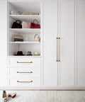 Six Pack Dope Antique Brass Cabinet Handles Set, 7.56 Inch Center To Center Drawer Pulls on white wardrobe.