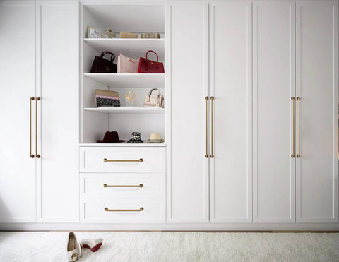 Six Pack Dope Antique Brass Cabinet Handles Set, 7.56 Inch Center To Center Drawer Pulls on white wardrobe.