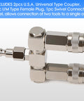 Dual Line Air Hose Splitter With 360 Degree Swivel And One Quarter NPT Steel Fittings, 300 PSI Industrial Air Compressor Connector