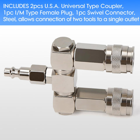 Dual Line Air Hose Splitter With 360 Degree Swivel And One Quarter NPT Steel Fittings, 300 PSI Industrial Air Compressor Connector