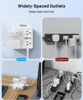 Hella Spaced Surge Protector Power Strip With Flat Plug Extension Cord And 5 Foot Cord Packing 8 AC outlets and 4 USB ports for desk use.