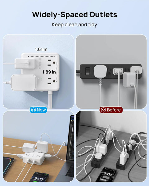 Hella Spaced Surge Protector Power Strip With Flat Plug Extension Cord And 5 Foot Cord Packing 8 AC outlets and 4 USB ports for desk use.