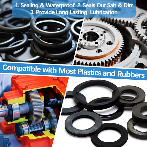 Food Grade Silicone Grease For Faucets And O Rings Valve Rubber Seals Pool Pump Lube displayed with rings and gears