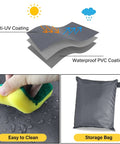 Heavy Duty Waterproof Patio Furniture Cover material layers, easy clean feature with sponge, and storage bag visible