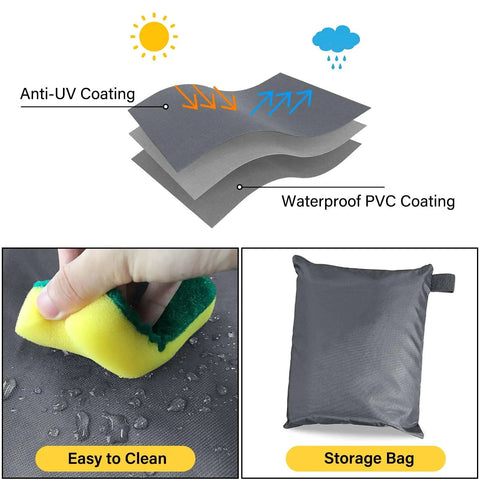 Heavy Duty Waterproof Patio Furniture Cover material layers, easy clean feature with sponge, and storage bag visible