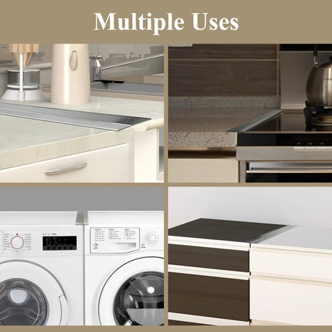 Stainless Steel Stove Gap Covers 23.5 Inches Set used between countertops, washers, and cabinets, showing versatility and seamless fit.