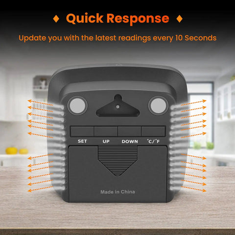 Pro Grade Digital Hygrometer And Indoor Room Thermometer With Swiss Sensors, Ultra Accurate Humidity Gauge With 0.5F Temperature Tolerance And Two Percent RH Range, 10 Second Update Rate For Precise Climate Tracking. rear view on tabletop