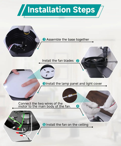 Installation steps for Low Profile 42 Inch Ceiling Fan With Lights No Fuss Quiet DC Motor Remote And App Control Reversible 6 Speed Dimmable LED
