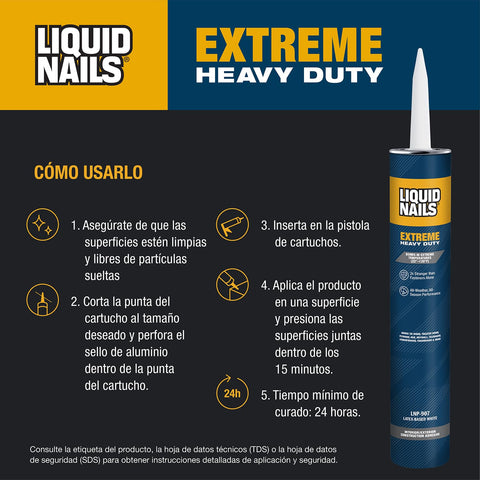 Instruction guide and packaging for Extreme Heavy Duty Construction Adhesive 10 Oz That Binds In Extreme Temps All Weather All Season Performance 2X Stronger Than Fasteners Alone 30 Ft Coverage With A One Quarter Inch Bead Durable Plastic Tube For Outdoor Storage