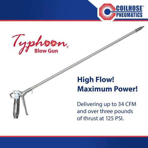Typhoon Pro High Volume Blow Gun With 24-Inch Extension, 1/4-Inch NPT, High-Flow Tip, 34 CFM At 125 PSI, image with text details