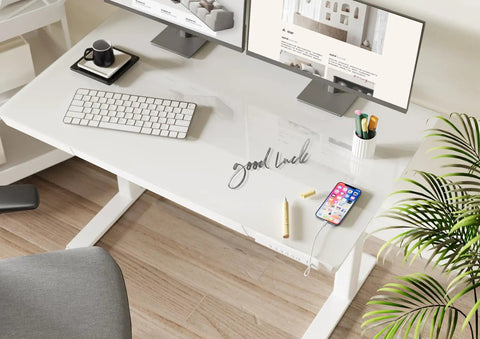 Glass Top Standing Desk With Drawers, 48x24 Inch Adjustable Sit-Stand Desk With Electric Height Lift, white office setting