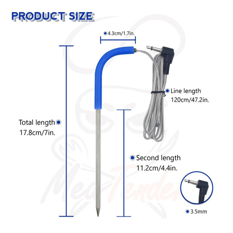 Image of 2 Pack Meat Temperature Probes Replacement For Pellet Grills With 3.5mm Plug PT1000 Waterproof Sensor showing dimensions.