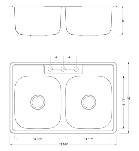 Technical diagram of 50/50 Built Tough Double-Bowl Stainless Steel Kitchen Sink, 33 By 22 By 9 Inches, top view with measurements.